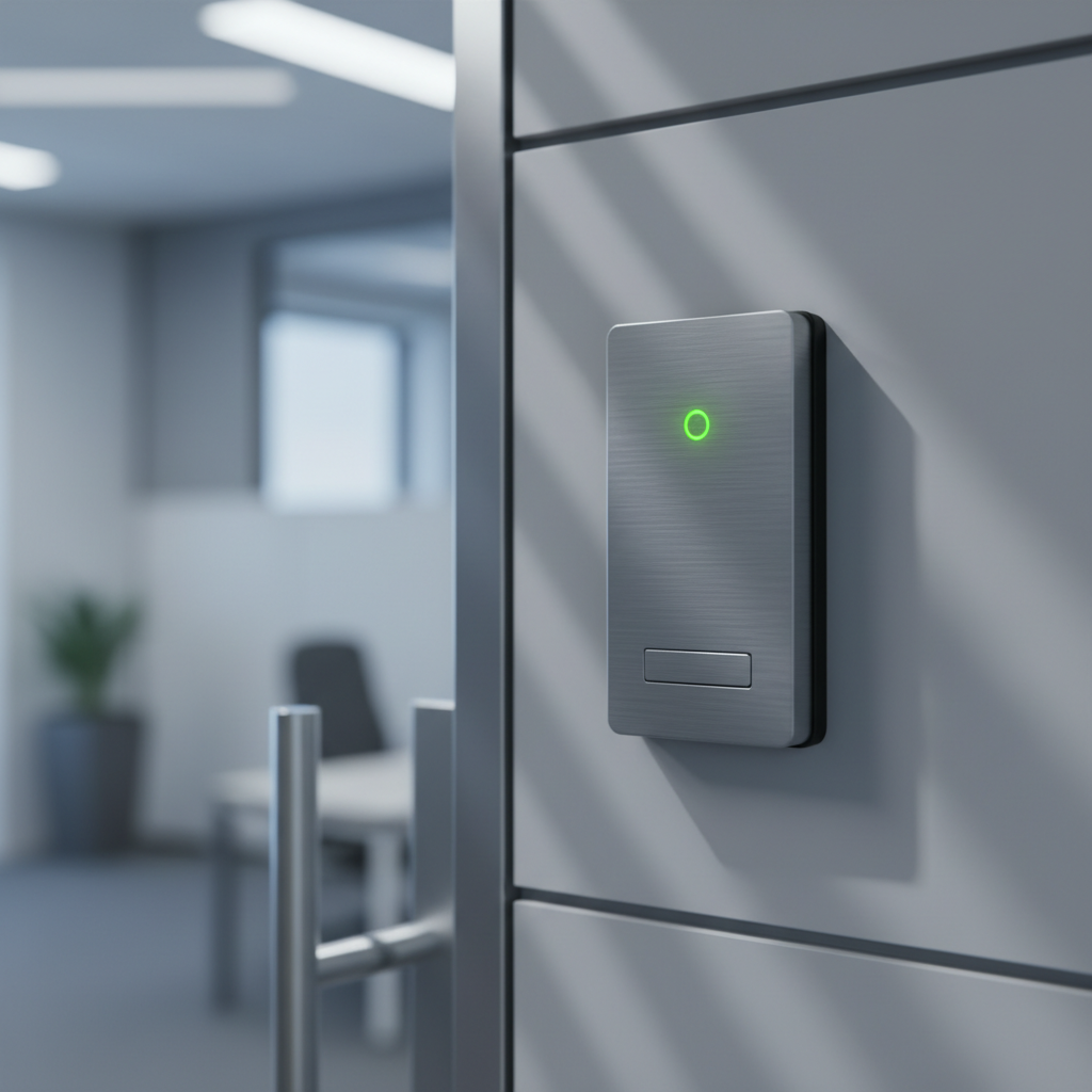 A polished, brushed steel keycard access terminal mounted beside a frosted glass office door, with a small, glowing green indicator light signaling secure access. The terminal's surface shows subtle, refined textures, and the door’s edge is framed by matte chrome accents. The surrounding workspace exudes order, with structured wall panels and unobtrusive neutral decor. Cool, even overhead fluorescent lighting casts delicate linear shadows, producing a crisp, professional mood. Captured with a narrow depth of field, the focus is sharp on the terminal, softly blurring the contextual environment for a clean and corporate photographic finish.