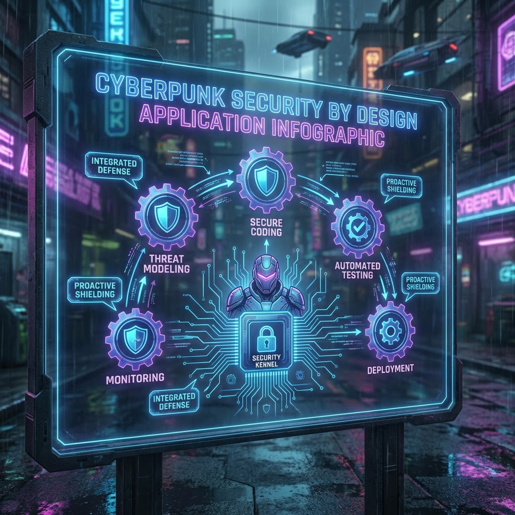 Cyberpunk Security by Design Application Infographic featuring Integrated Defense, Monitoring, Threat Modeling, Secure Coding, Automated Testing, Deployment, and Security Kernel.