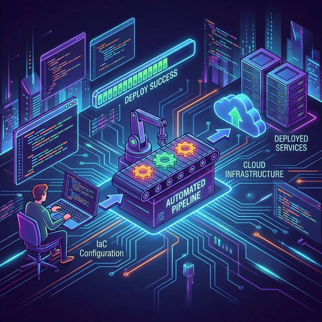 Diagram of IaC Configuration moving through an Automated Pipeline to Cloud Infrastructure and Deployed Services.