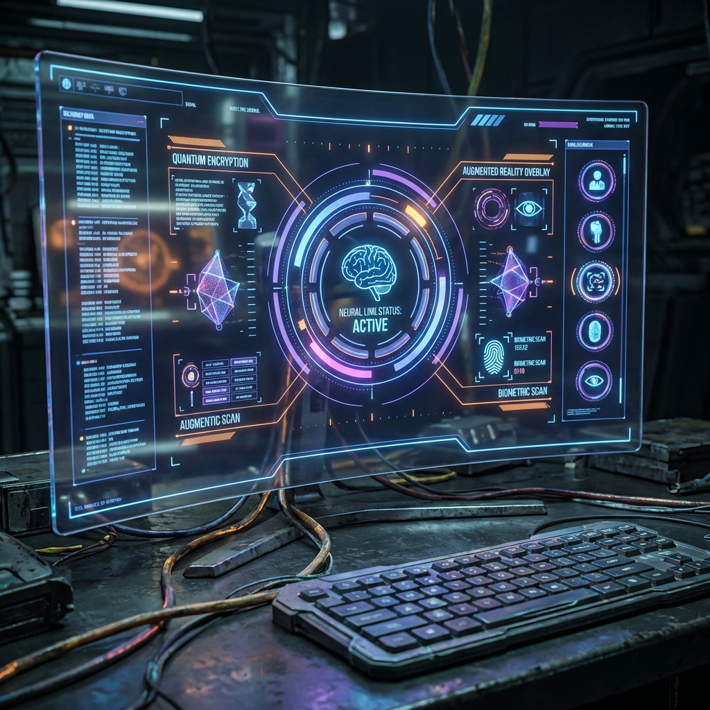 Holographic display showing neural link status, biometric scans, and quantum encryption data on a desk.