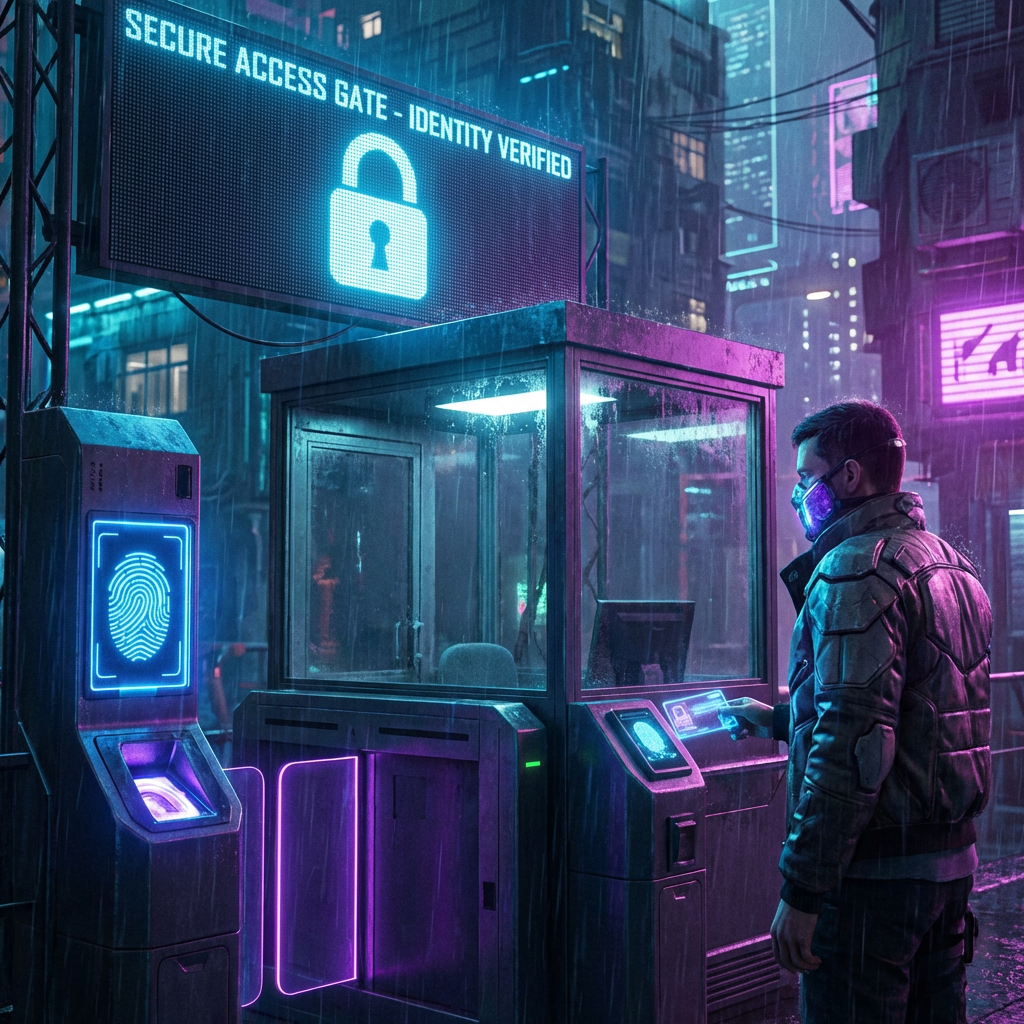 Person at biometric gate with sign SECURE ACCESS GATE - IDENTITY VERIFIED.