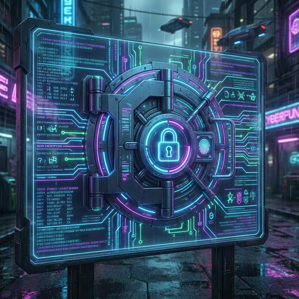 Futuristic infographic detailing secure application design Cyberpunk Security by Design Application Infographic featuring Integrated Defense, Monitoring, Threat Modeling, Secure Coding, Automated Testing, Deployment, and Security Kernel.